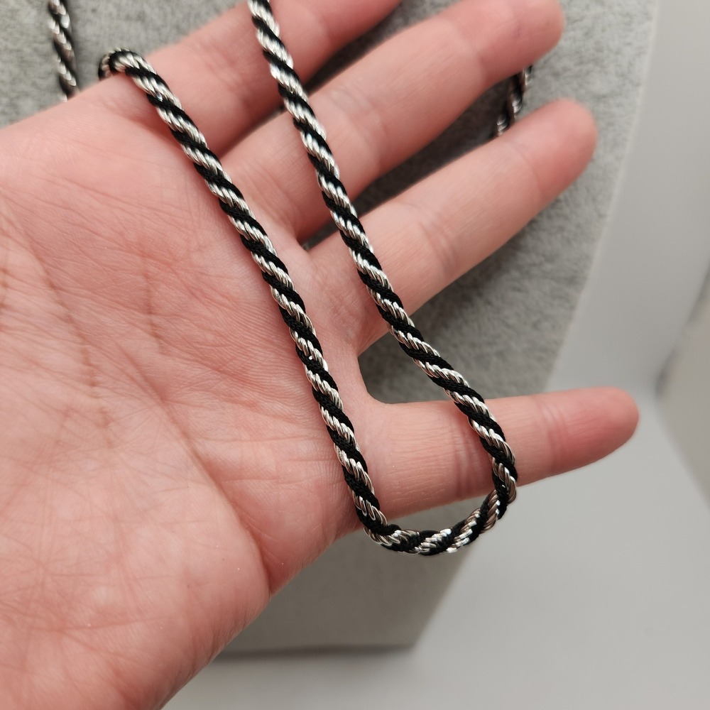 Vintage Trifari Silver Tone Black Twisted Rope Opera Length Necklace Minimalist